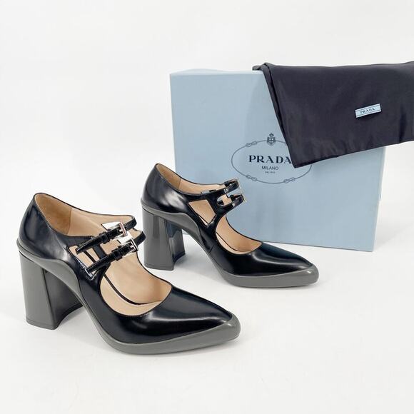 Prada Fall 2015 Runway Black Leather Gray Rubber Mary Jane Block Heel size IT 37 - Picture 1 of 13